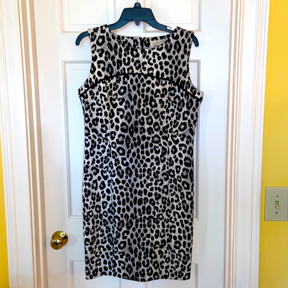 Michael Kors Black White & Gray Leopard Print Fitted Dress